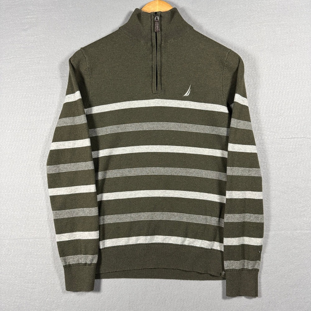 Nautica NavTech Mens XS Quarter Zip Sweater Olive Green Grey Striped